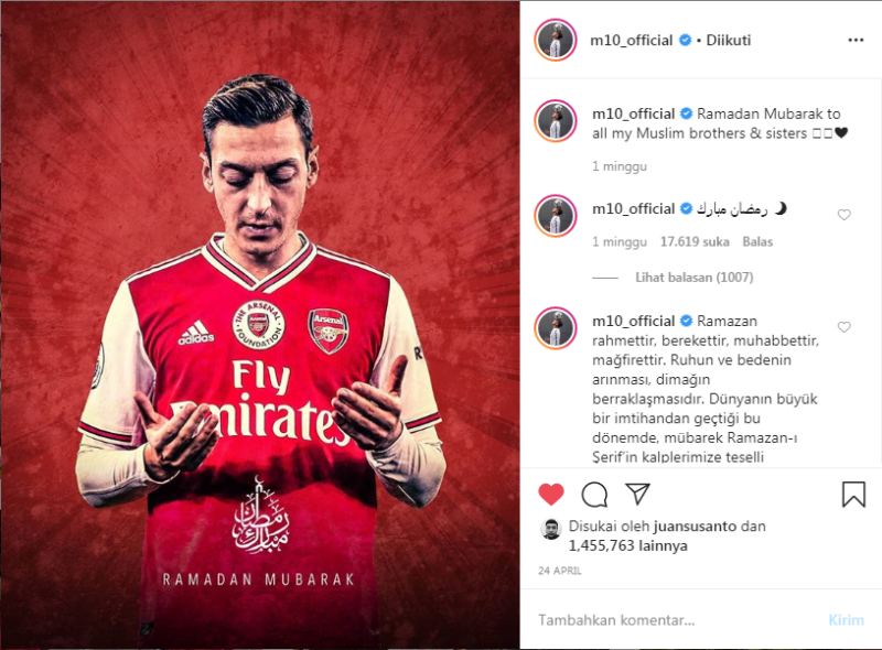 Mesut Ozil Sumbangkan Rp1,5 Miliar Untuk Muslim Terdampak Covid-19