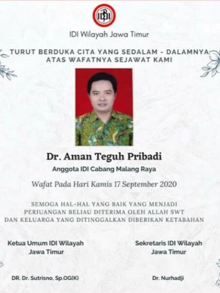 Tambah Lagi Dokter di Jatim yang Meninggal Karena Covid-19, Kali Ini dari Malang