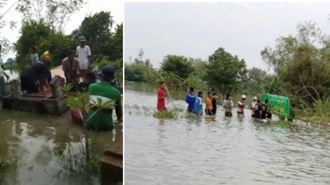 Miris, Pemakaman Jenazah Warga Gresik Dikepung Banjir