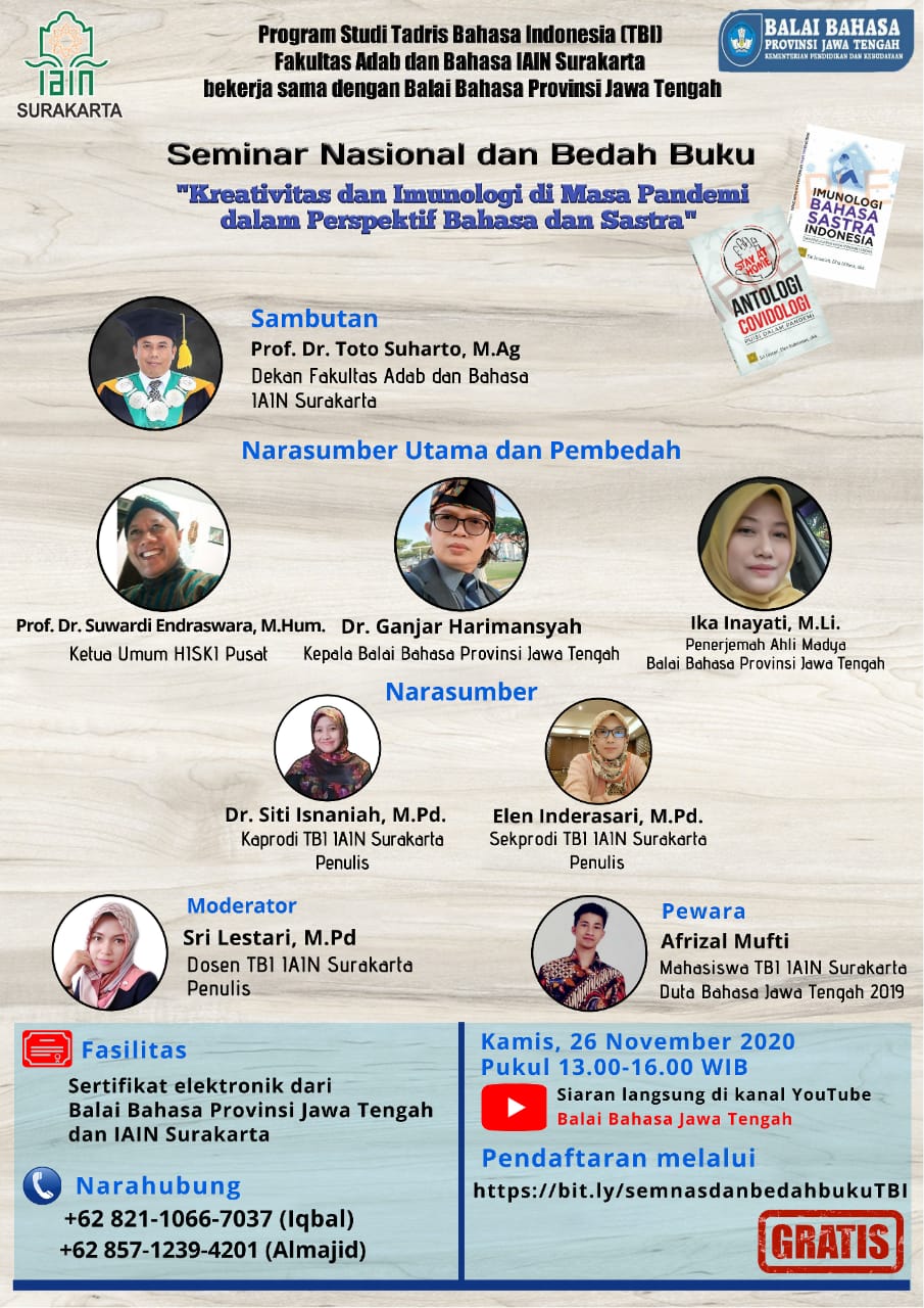 Gandeng Balai Bahasa Provinsi Jawa Tengah, Prodi TBI IAIN Surakarta Gelar Seminar Nasional dan Bedah Buku