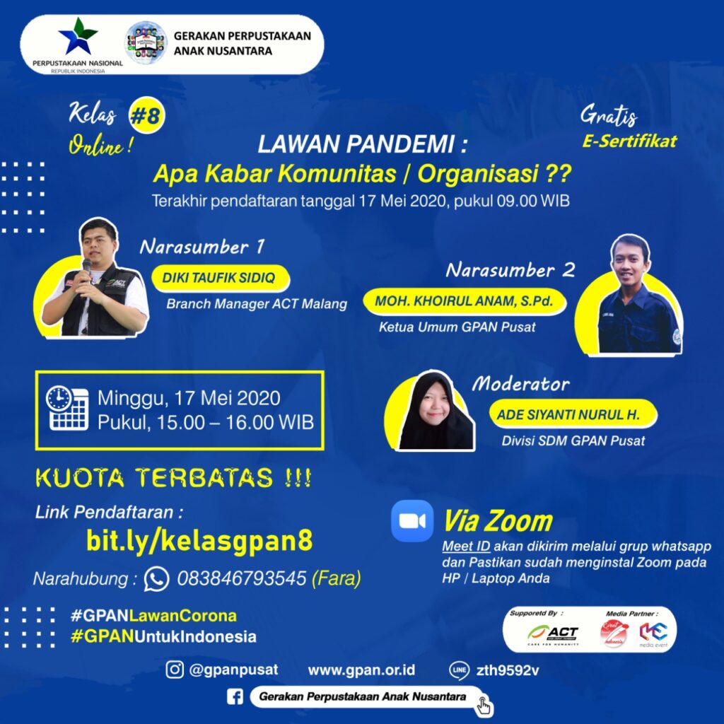 ONLINE SHARING SESSION] Kelas Online #8 GPAN  *LAWAN PANDEMI : Apa Kabar Komunitas / Organisasi*